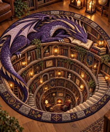 Amethyst Dragon Library Vortex Round Quilted Mat — Decorative Plush Floor Rug, Non-Slip Accent For Home Library & Desk Area