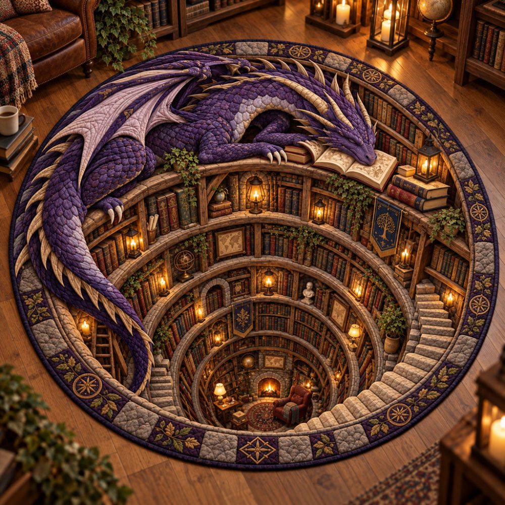 Amethyst Dragon Library Vortex Round Quilted Mat — Decorative Plush Floor Rug, Non-Slip Accent For Home Library & Desk Area
