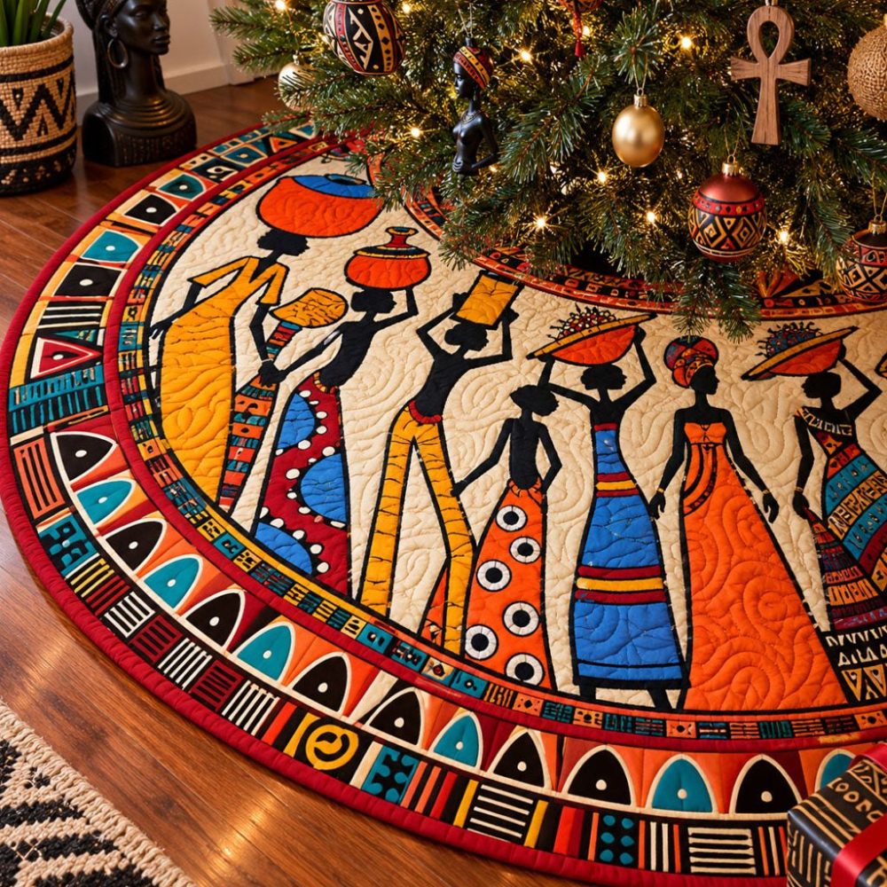 Ancestral Grace Custom Holiday Tree Skirt — Handcrafted African-Inspired Christmas Skirt, Cultural Home Décor, Gift-Ready Packaging