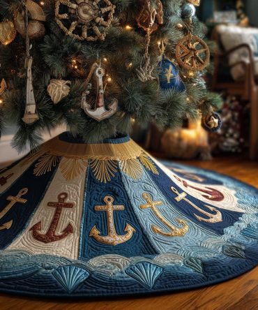 Anchor & Tinsel Handcrafted Christmas Tree Skirt - Festive Nautical Holiday Base Cover, Durable Fabric, Custom Fit