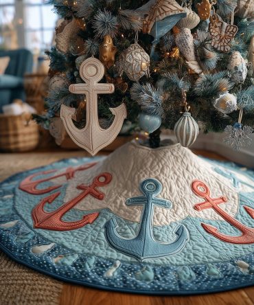 Anchored In Joy Nautical Tree Skirt - Handmade Holiday Tree Base Cover, Coastal Christmas Decor With Custom Sizing
