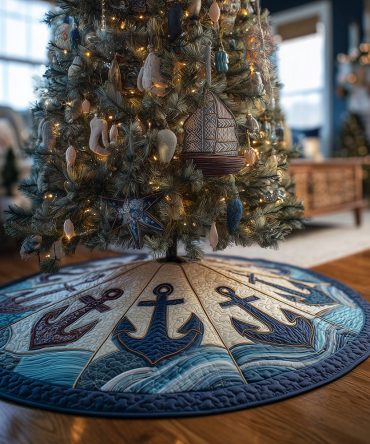 Anchors Aglow Nautical Christmas Tree Skirt - Handcrafted Sailor Holiday Tree Base, Premium Fabric, Custom Size Options