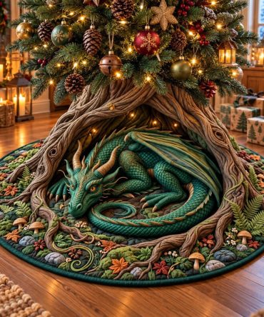 Ancient Sleeping Dragon Christmas Tree Skirt - Handcrafted Mythic Holiday Decor, Rich Embroidery & Custom Fit For Statement Trees