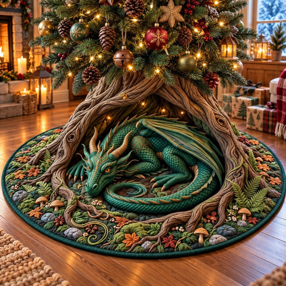 Ancient Sleeping Dragon Christmas Tree Skirt - Handcrafted Mythic Holiday Decor, Rich Embroidery & Custom Fit For Statement Trees