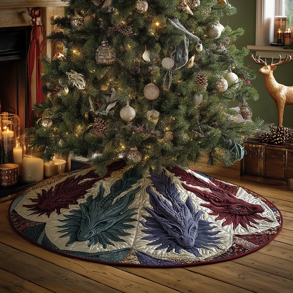 Ancient Ember Dragon Handcrafted Christmas Tree Skirt - Fiery Mythical Holiday Tree Base Decor, Custom Sizes & Gift
