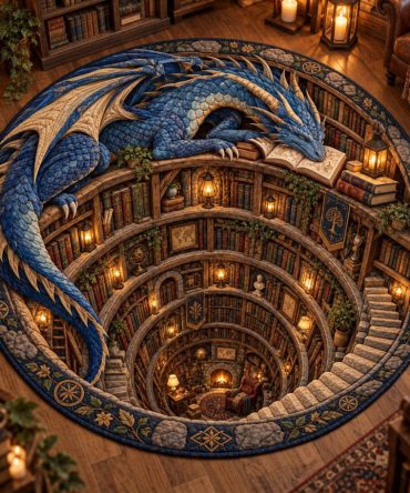 Ancient Library Portal Dragon Round Quilted Mat — Mythic Book-Themed Accent Rug, Soft Anti-Slip Floor Pad For Entryway & Study