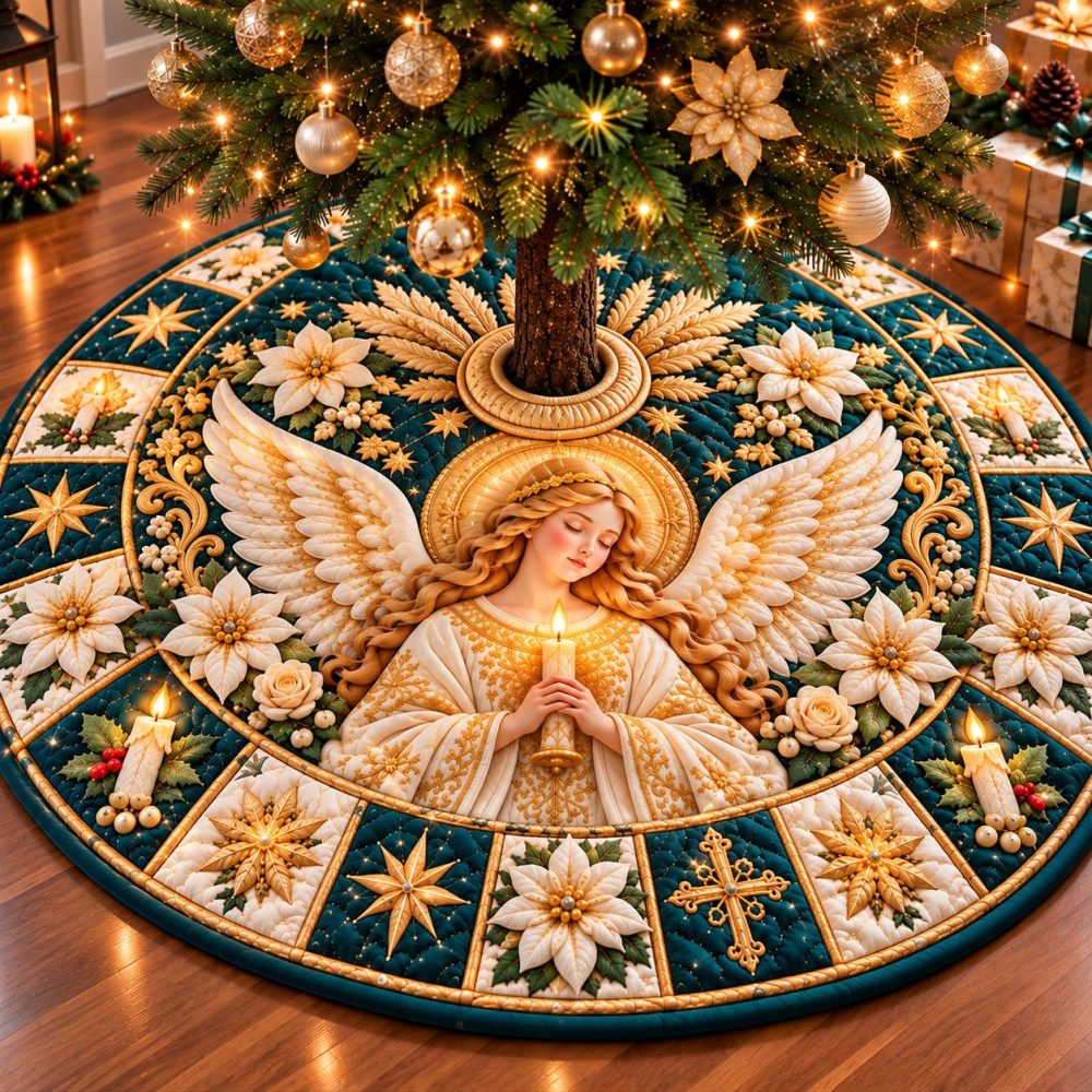 Celestial Angel Christmas Tree Skirt - Custom Embroidered Tree Skirt For Serene Holiday Centerpiece & Gifts