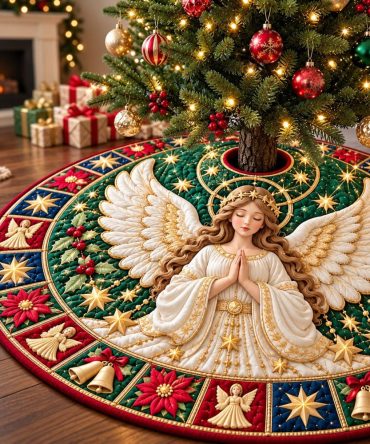 Divine Blessings Angel Tree Skirt - Custom Embroidered Holiday Tree Skirt With Cherubic Angel Design, Made To Order