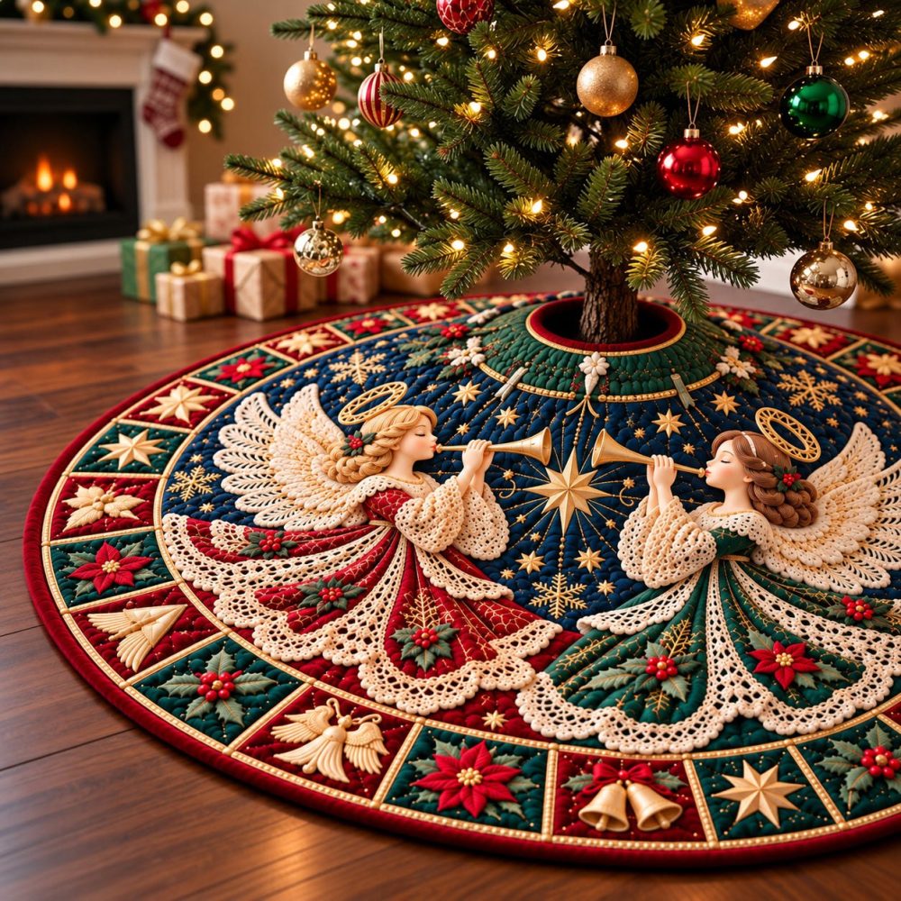 Eternal Light Angel Tree Skirt - Custom Luminescent Christmas Tree Skirt With Delicate Angel Motif, Handmade