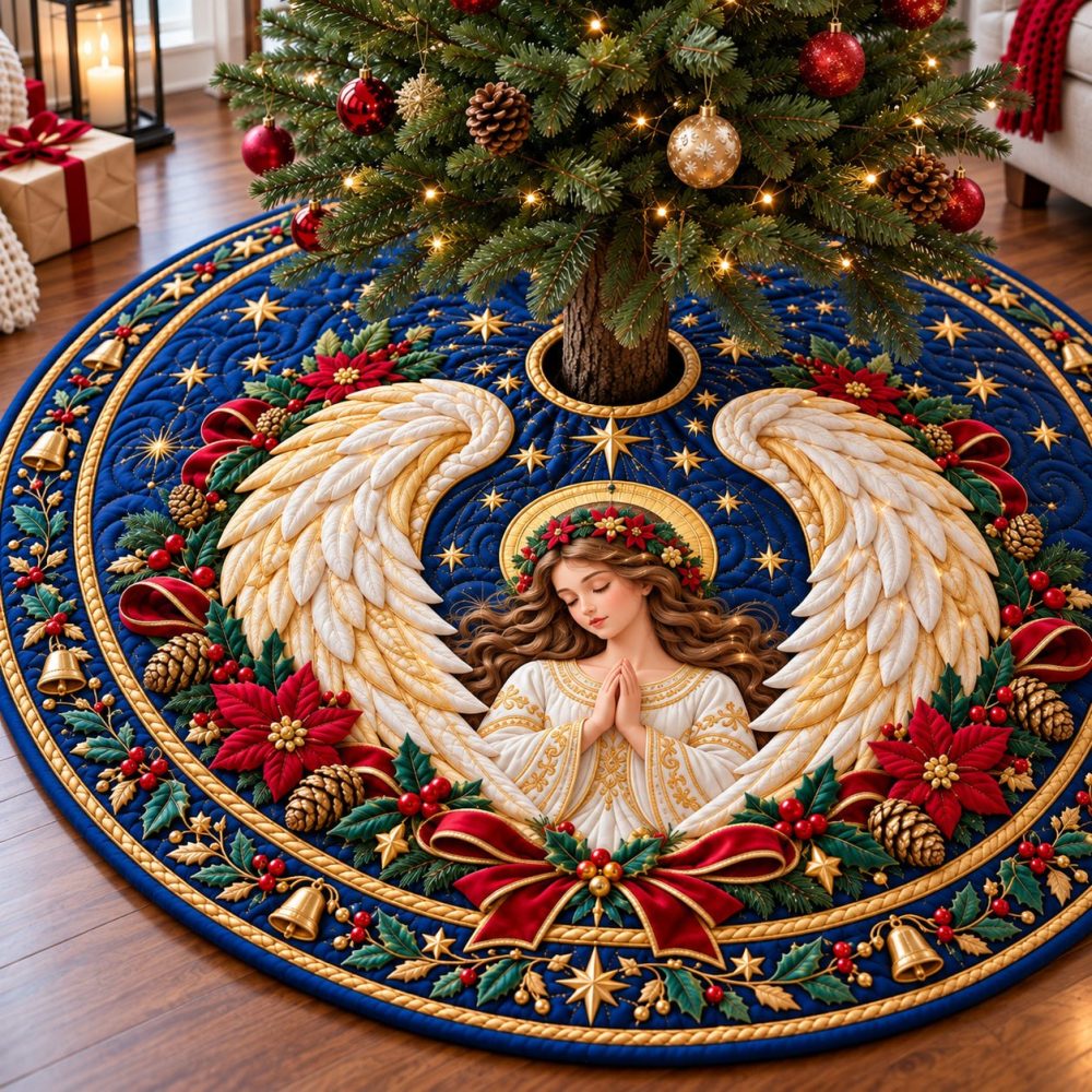 Handcrafted Angel Tree Skirt With Heavenly Embroidery - Custom Christmas Tree Skirt For Elegant Holiday Décor