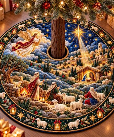 Angel Over Bethlehem Premium Tree Skirt — Custom-Made Nativity Christmas Skirt For Classic Holiday Displays