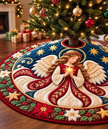 Angel Peaceful Embrace Christmas Tree Skirt - Handcrafted Serene Ivory Velvet Skirt With Angel Motif & Embroidery, Custom Sizes Available