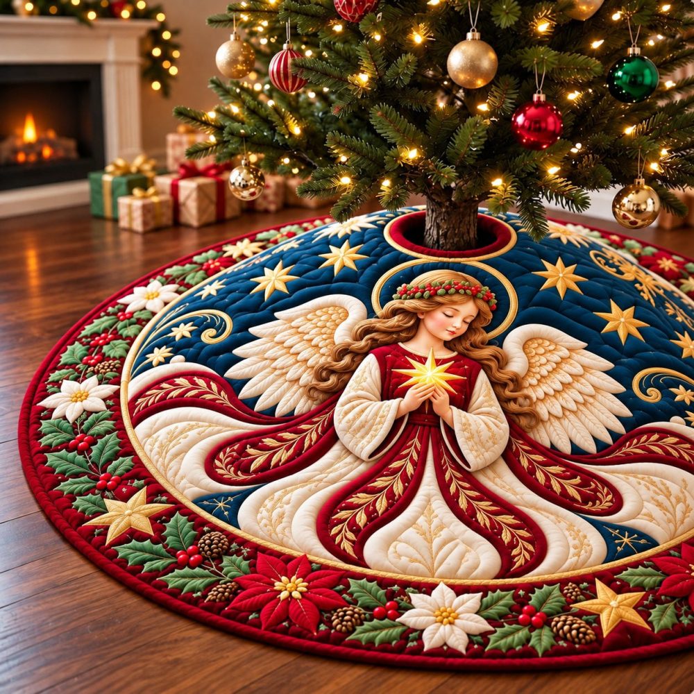 Angel Peaceful Embrace Christmas Tree Skirt - Handcrafted Serene Ivory Velvet Skirt With Angel Motif & Embroidery, Custom Sizes Available