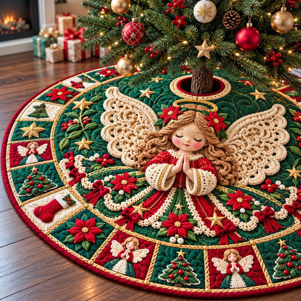 Sacred Angel Wings Tree Skirt - Premium Custom Christmas Tree Skirt With Gold Accents For Elegant Holidays