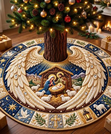 Angel Wings Over Bethlehem Tree Skirt - Handcrafted Nativity Holiday Collar, Elegant Embroidery & Made-To-Order Options