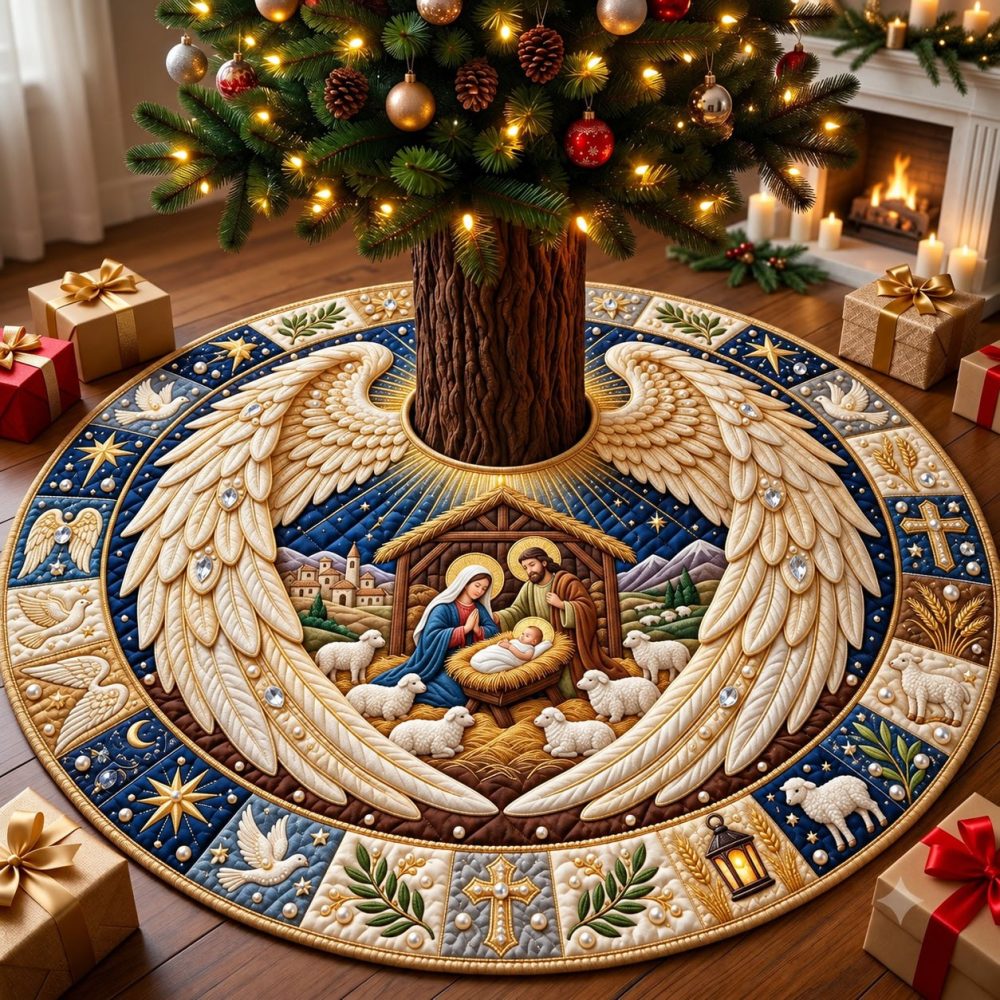 Angel Wings Over Bethlehem Tree Skirt - Handcrafted Nativity Holiday Collar, Elegant Embroidery & Made-To-Order Options
