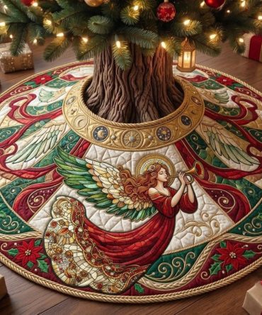 Vintage Trumpet Angel Tree Skirt — Luxurious Hand-Embroidered Holiday Skirt, Custom Fit Options, Heirloom Quality Christmas Décor