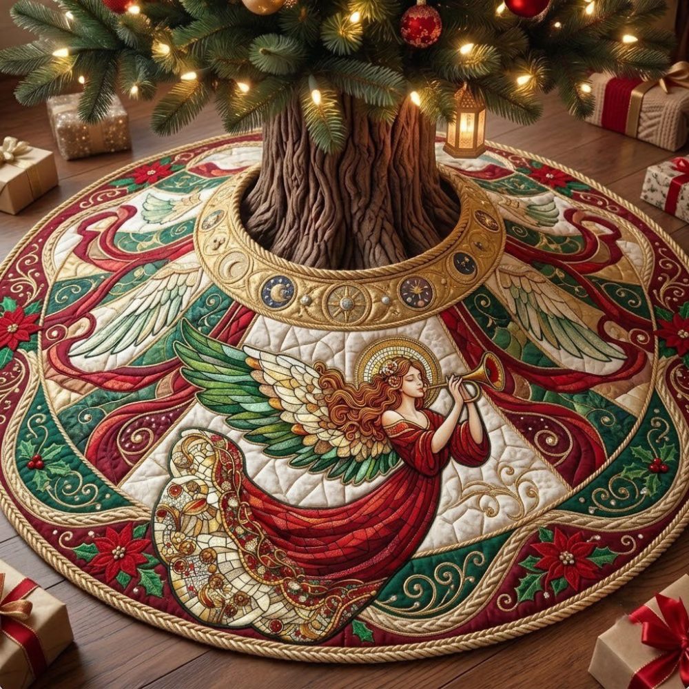 Vintage Trumpet Angel Tree Skirt — Luxurious Hand-Embroidered Holiday Skirt, Custom Fit Options, Heirloom Quality Christmas Décor