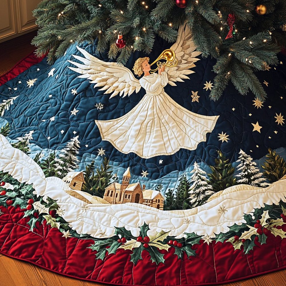 Angelic Tune Handmade Christmas Tree Skirt — Custom Made-To-Order Heavenly Choir Design, Soft Velvet Backing, Ideal Holiday Gift
