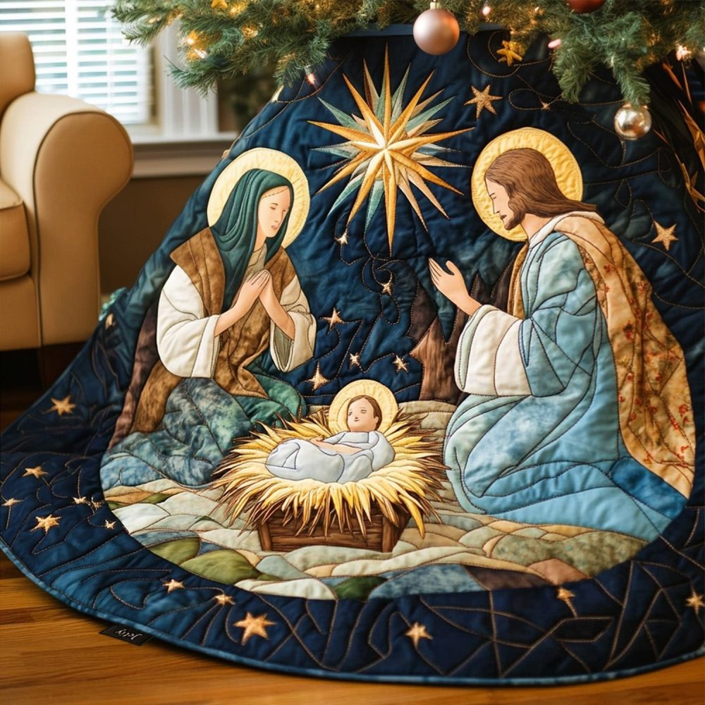 Angelic Grace Custom Christmas Tree Skirt — Made-To-Order Elegant Religious Holiday Skirt With Embroidered Angels, Soft Touch Fabric