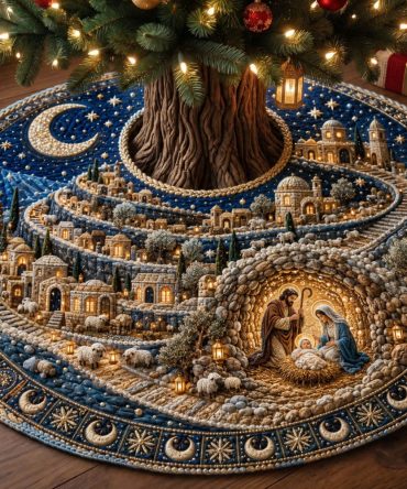 Angels Over Bethlehem Christmas Tree Skirt - Handcrafted Celestial Nativity Tree Cover, Custom-Made Festive Accent