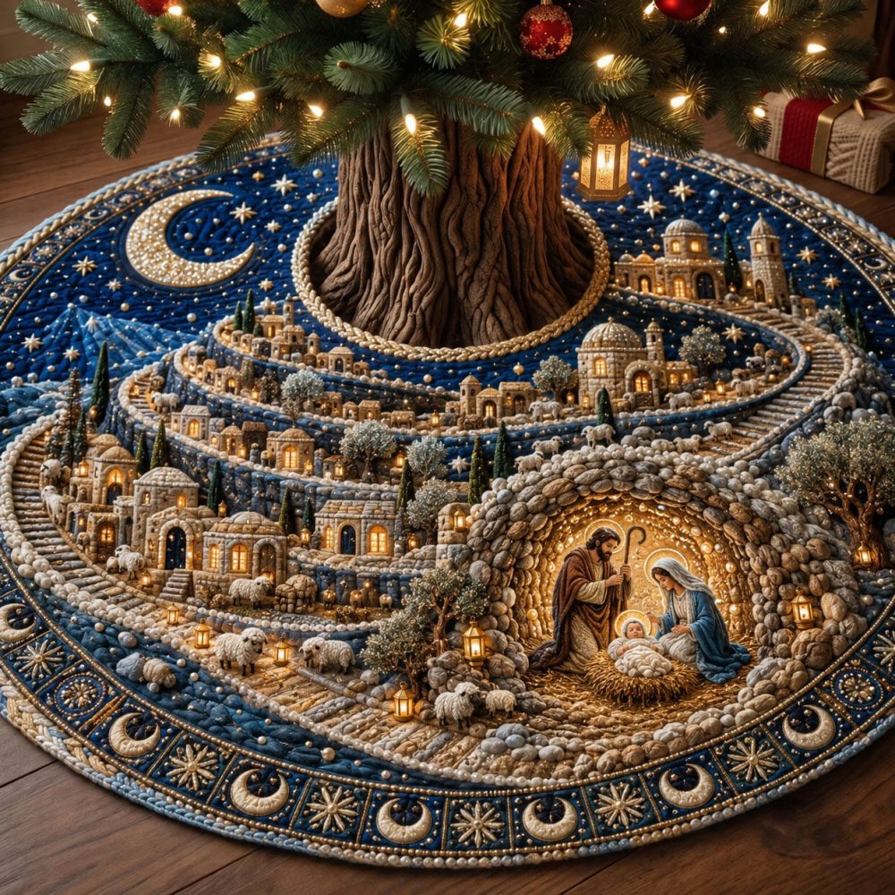 Angels Over Bethlehem Christmas Tree Skirt - Handcrafted Celestial Nativity Tree Cover, Custom-Made Festive Accent