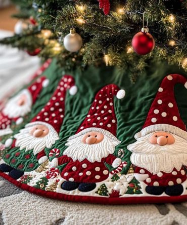 Santa Gnomes Green Christmas Tree Skirt - Made-To-Order Festive Gnome Print On Green Backdrop, Handmade Holiday Tree Mat
