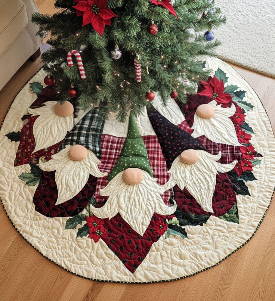 Gnome Wreath Patchwork Christmas Tree Skirt - Custom Handmade Holiday Patchwork Skirt With Festive Gnome Wreath, Cozy Cotton Blend