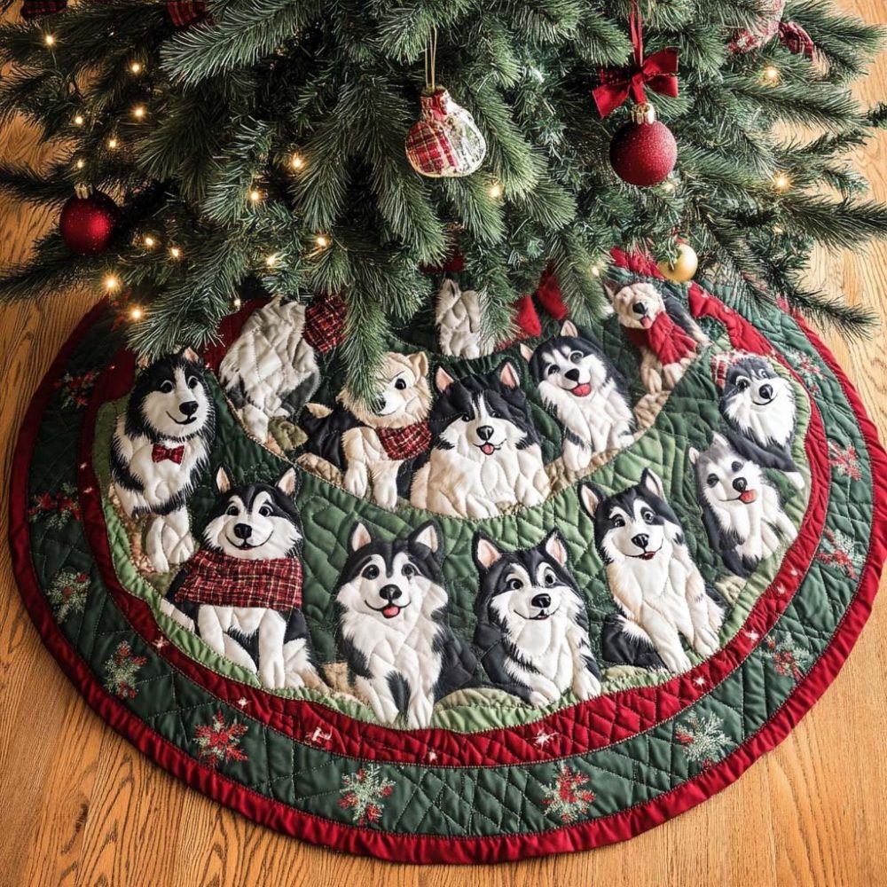 Arctic Husky 1677 Custom Christmas Tree Skirt — Made-To-Order Arctic Theme Tree Skirt, Heavy-Duty Fabric, Cozy Winter Decor Accent