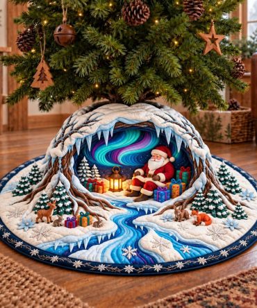 Aurora Ice Cave Holiday Tree Skirt — Custom Winter Wonderland Tree Skirt With Northern Lights & Glacier Accents