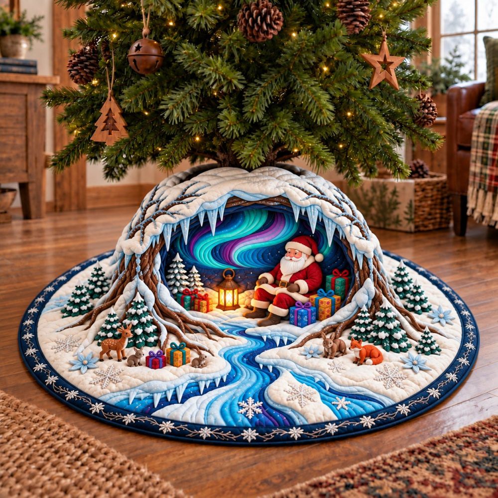 Aurora Ice Cave Holiday Tree Skirt — Custom Winter Wonderland Tree Skirt With Northern Lights & Glacier Accents