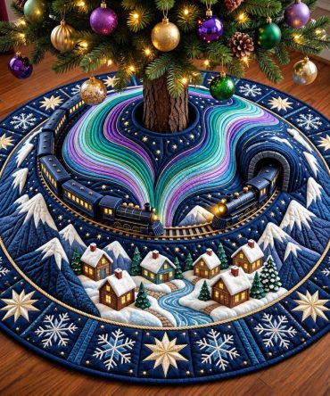 Aurora Train Holiday Tree Skirt — Northern Lights Inspired Christmas Tree Skirt With Train Motif, Vibrant Colors, Made To Order
