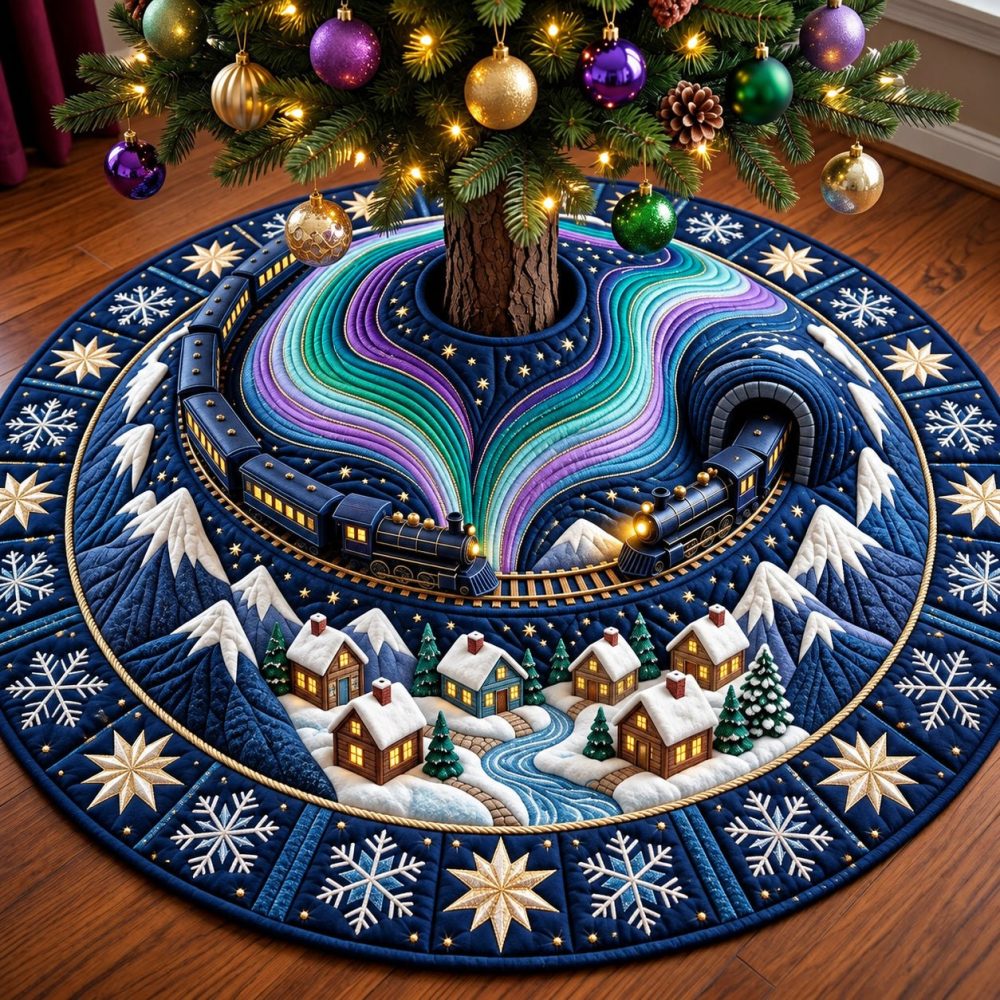 Aurora Train Holiday Tree Skirt — Northern Lights Inspired Christmas Tree Skirt With Train Motif, Vibrant Colors, Made To Order