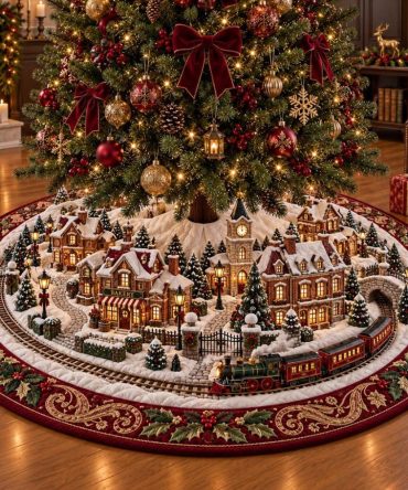 Aurora Village Christmas Tree Skirt - Handcrafted Tree Skirt With Northern Lights Village Scene, Custom Sizes Available