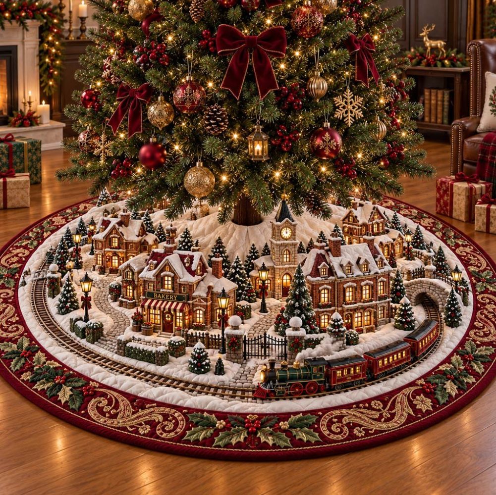 Aurora Village Christmas Tree Skirt - Handcrafted Tree Skirt With Northern Lights Village Scene, Custom Sizes Available