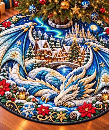 Aurora Winter Dragon Christmas Tree Skirt - Handcrafted Fantasy Holiday Decor, Made-To-Order With Vibrant Embroidery