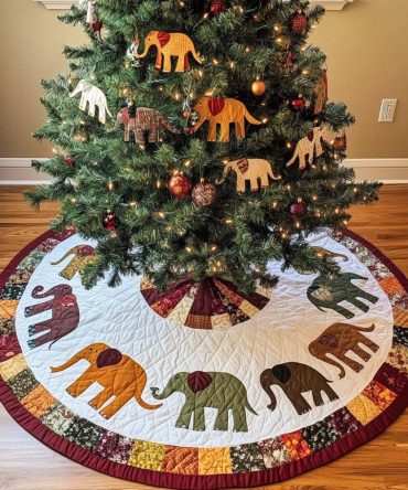 Autumn Elephants Tree Skirt — Whimsical Elephant Fall Design, Custom-Made Plush Tree Skirt For Seasonal Home Styling & Thoughtful Gifts