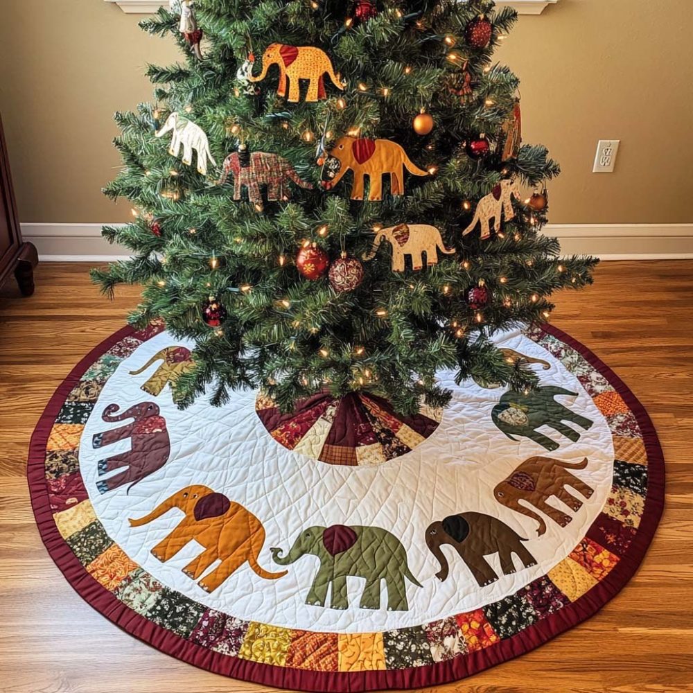 Autumn Elephants Tree Skirt — Whimsical Elephant Fall Design, Custom-Made Plush Tree Skirt For Seasonal Home Styling & Thoughtful Gifts