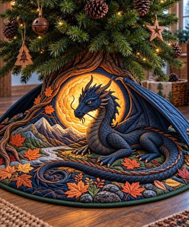 Autumn Moon Dragon Holiday Tree Skirt — Custom Fantasy Christmas Skirt With Dragon Motif And Rich Fall Hues