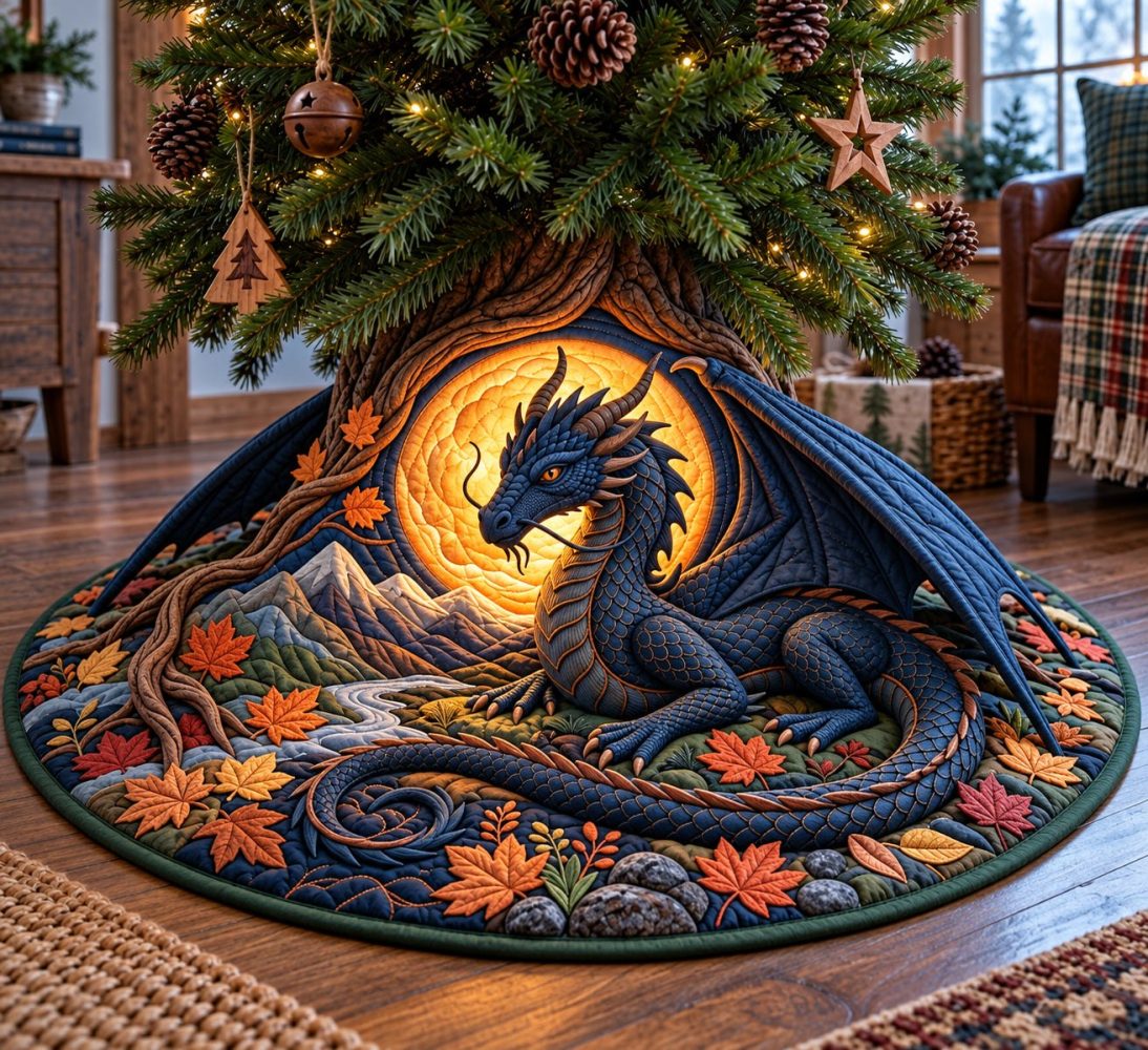Autumn Moon Dragon Holiday Tree Skirt — Custom Fantasy Christmas Skirt With Dragon Motif And Rich Fall Hues