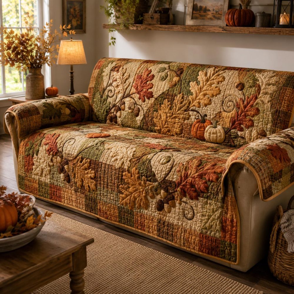 Autumn Tapestry Quilted Couch Protector - Warm Fall Slipcover, Reversible, Stain-Resistant, Pet-Friendly, Machine Washable