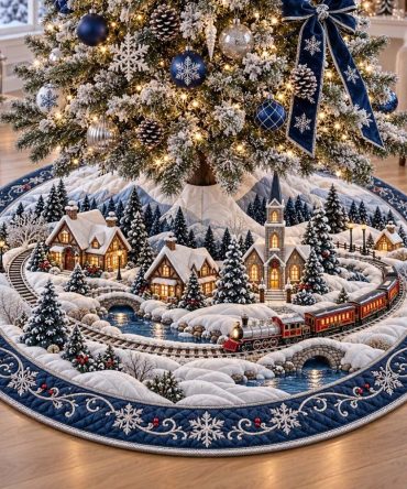 Azure Village Holiday Tree Skirt - Custom Handcrafted Christmas Tree Skirt With Scenic Winter Village Design
