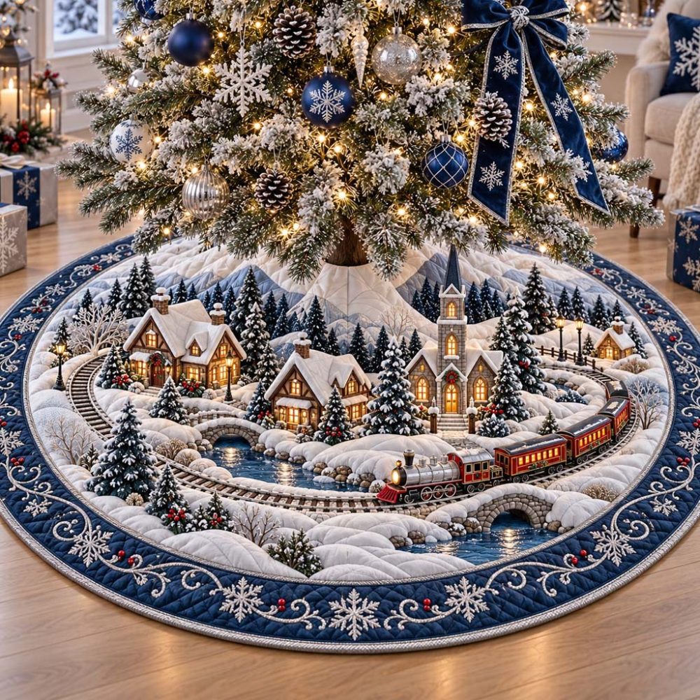 Azure Village Holiday Tree Skirt - Custom Handcrafted Christmas Tree Skirt With Scenic Winter Village Design