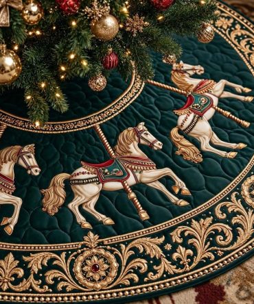 Baroque Carousel Christmas Tree Skirt - Handcrafted Ornate Velvet Skirt With Baroque Carousel Design & Metallic Embroidery, Multiple Sizes