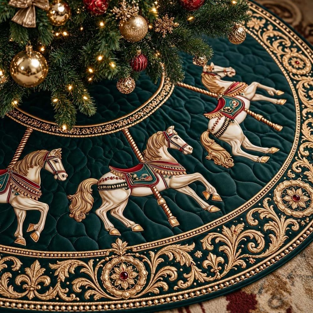 Baroque Carousel Christmas Tree Skirt - Handcrafted Ornate Velvet Skirt With Baroque Carousel Design & Metallic Embroidery, Multiple Sizes
