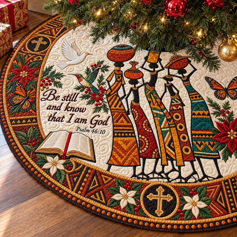 Serene 'Be Still' Heritage Holiday Tree Skirt — Custom-Made Afrocentric Christmas Tree Skirt, Elegant Cultural Décor & Gift-Ready Option
