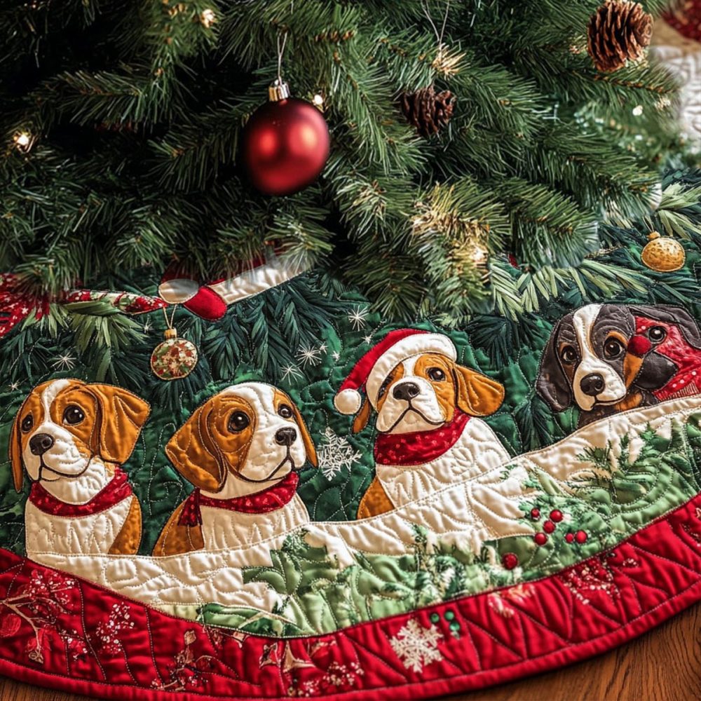Beagle Joy Parade Holiday Tree Skirt - Handmade Festive Parade Design Christmas Tree Skirt With Playful Beagle Prints, Multiple Sizes