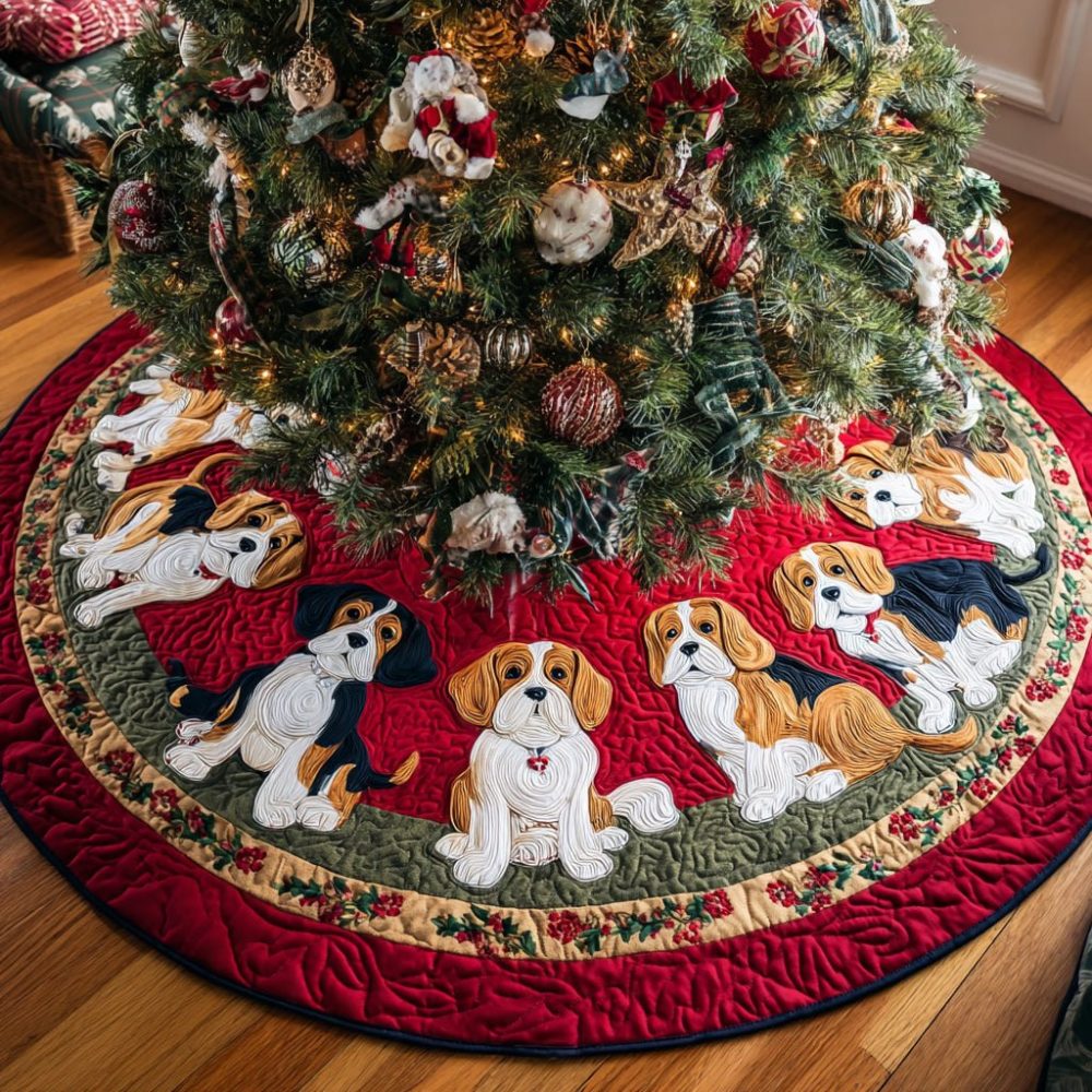 Beagle Merry Trim Christmas Tree Skirt - Handmade Festive Trimmed Tree Skirt With Cute Beagle Accents, Soft Fabric, Multiple Sizes