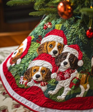 Beagle Sleigh Ride Holiday Tree Skirt - Handmade Festive Sleigh Design Christmas Tree Skirt With Beagle Characters, Multiple Sizes