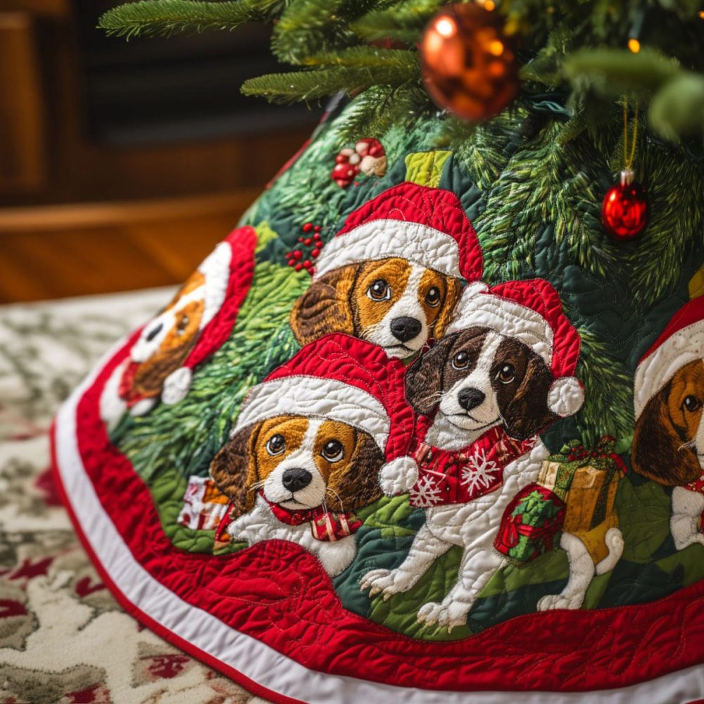 Beagle Sleigh Ride Holiday Tree Skirt - Handmade Festive Sleigh Design Christmas Tree Skirt With Beagle Characters, Multiple Sizes
